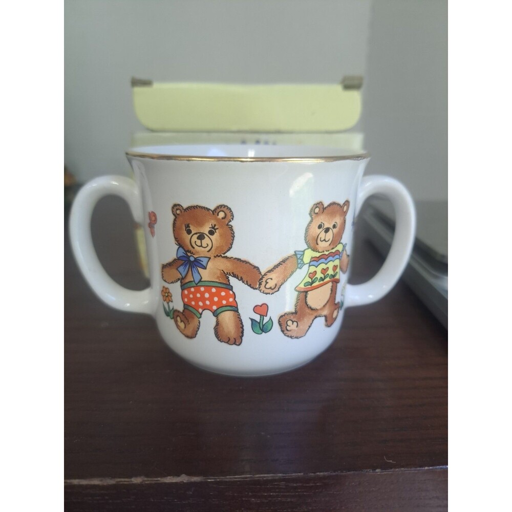 1986 Bear Training Cup Double Handles Porcelain Made In Japan